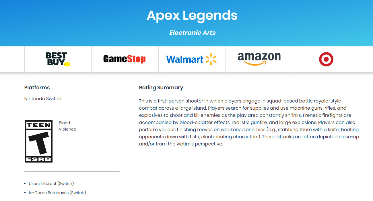 分级信息已出 《Apex英雄》Switch版可能很快就发售了