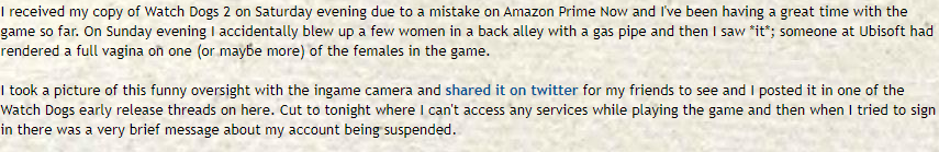玩家分享《看门狗2》中角色私处图片遭索尼制裁 育碧向玩家道歉并整改
