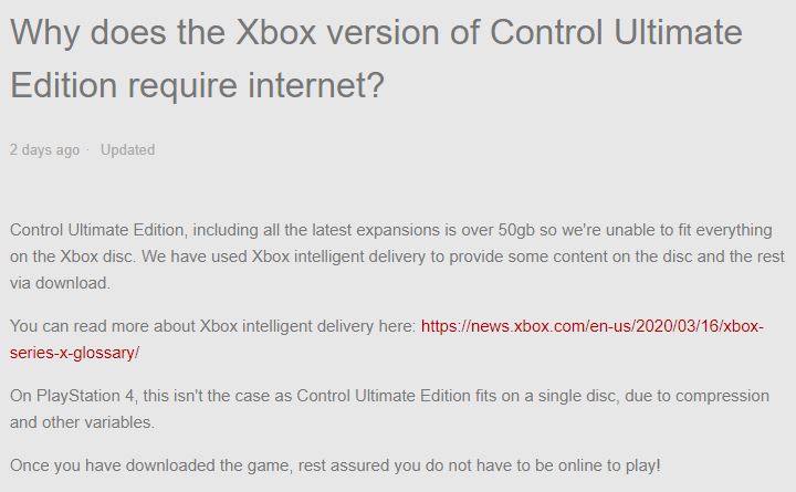 与PS4版松缩圆式出有同 《控制：末极开散》Xbox光盘版需额中联网
