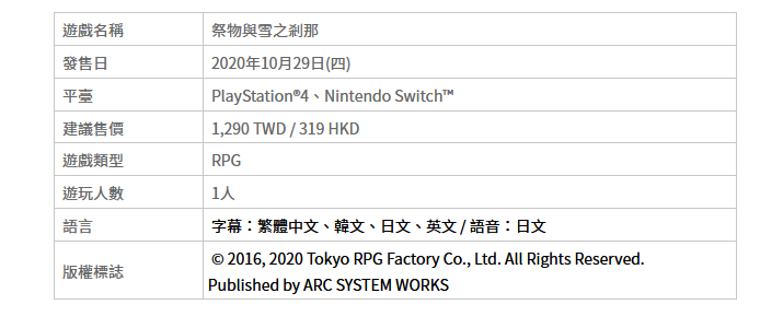 《祭物与雪之顷刻》PS4/NS繁中版本日正式上市 