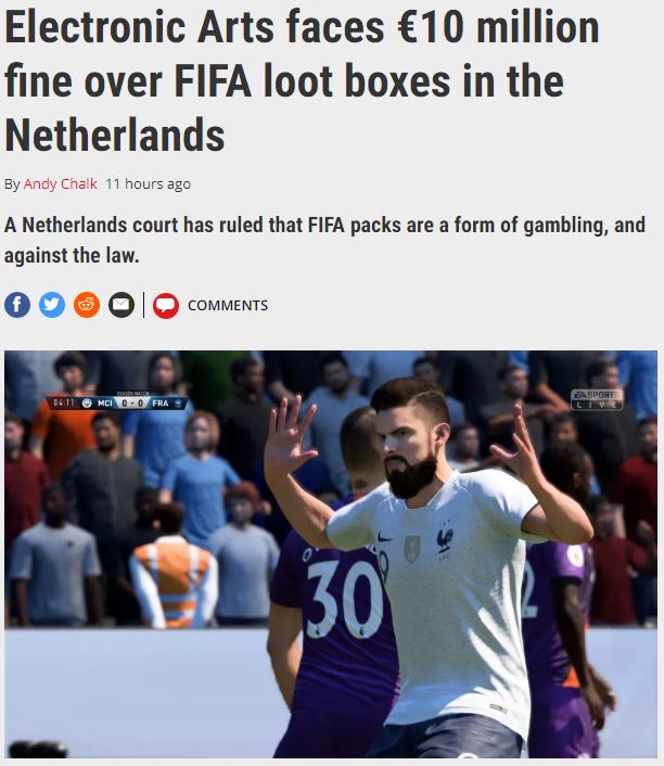 果为《FIFA》的战利品开箱 EA里临万万欧元奖款