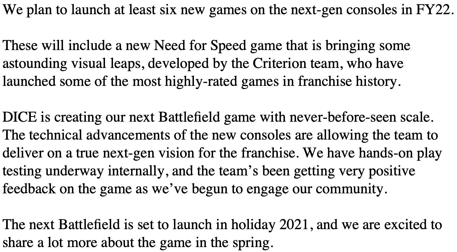 EA 2022财年至少发售6个次世代游戏：新《战地》《极品飞车》