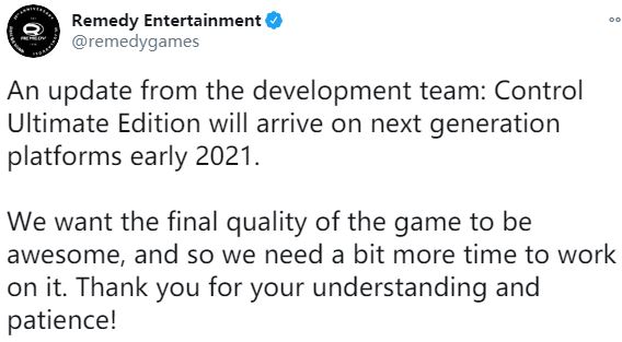 《控制：末极开辑》次世代版本将于2021岁尾年代推出