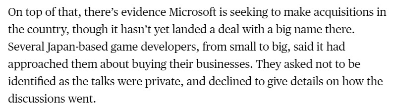 彭博社：微软正在与日本几家大工作室谈收购事宜