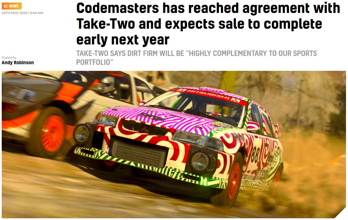 Codemasters与Take Two告竣战讲 支购案估计正在2021年完成
