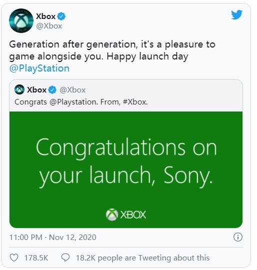 Xbox官方为PS5发售祝贺 一起成长很愉快！