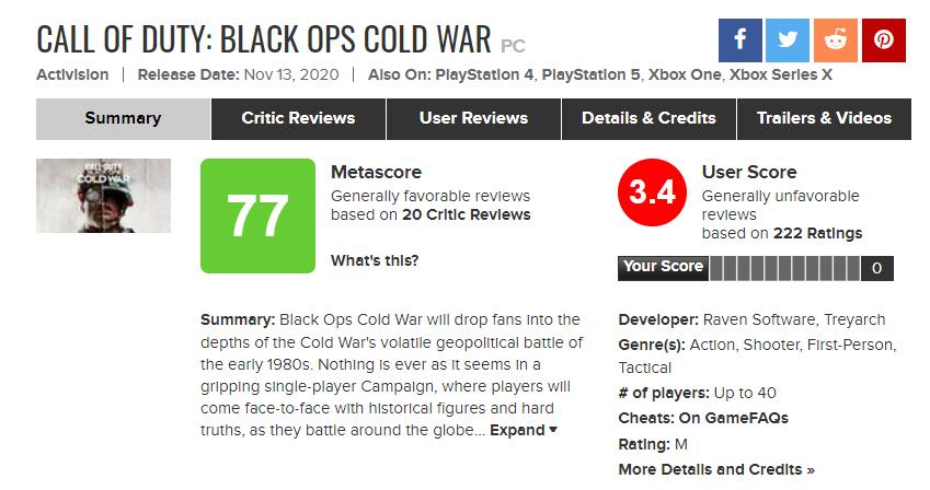 《使命召唤17》玩家反响平平 M站用户评分仅有3.4