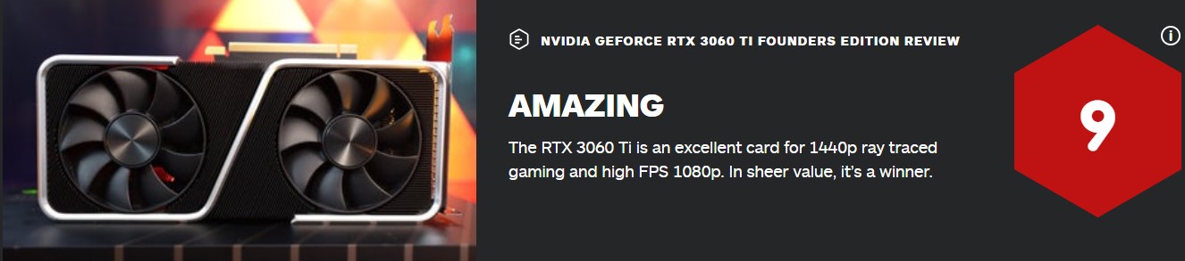 RTX 3060Ti隐卡IGN 9分：玩家尾选性价比产品