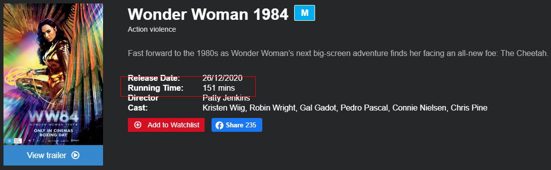 《神偶女侠1984》片少151分钟 凌驾大年夜多半DC影戏
