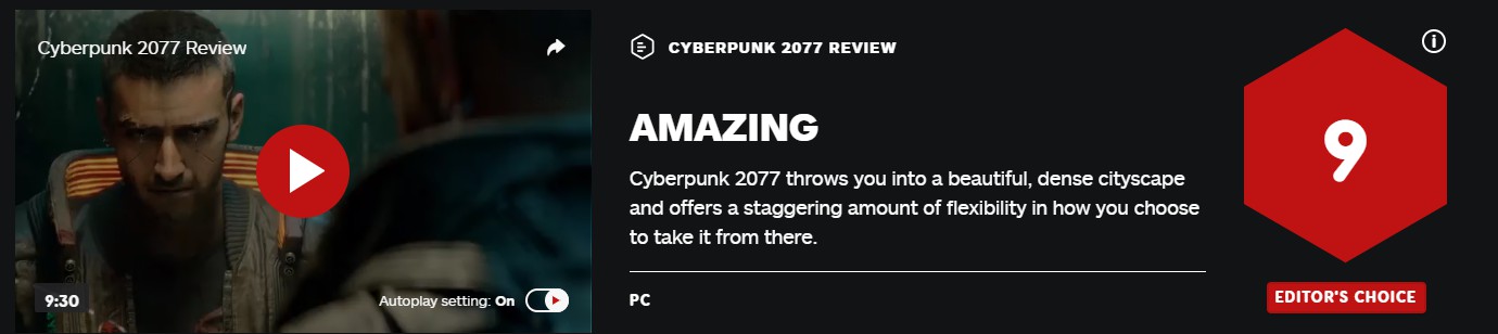 《赛专朋克2077》IGN评9分 实正出色的RPG游戏