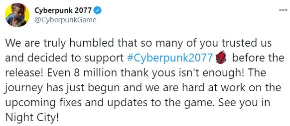 《赛博朋克2077》官方推特感谢玩家们支持 正为游戏修复和更新内容