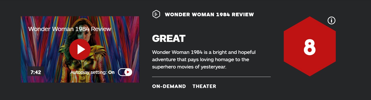 《神奇女1984》IGN 8分：精彩的怀旧片 但没啥创新