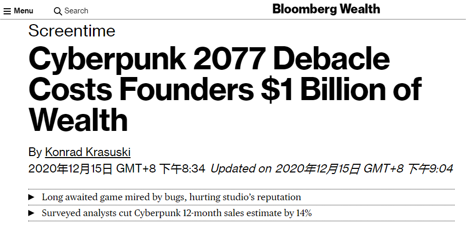 《赛专朋克2077》让CDPR创始人资产降值10亿好元