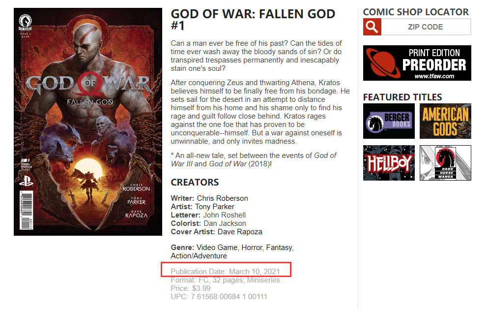 《战神》漫画新发售日期 故事发生在《战神4》前
