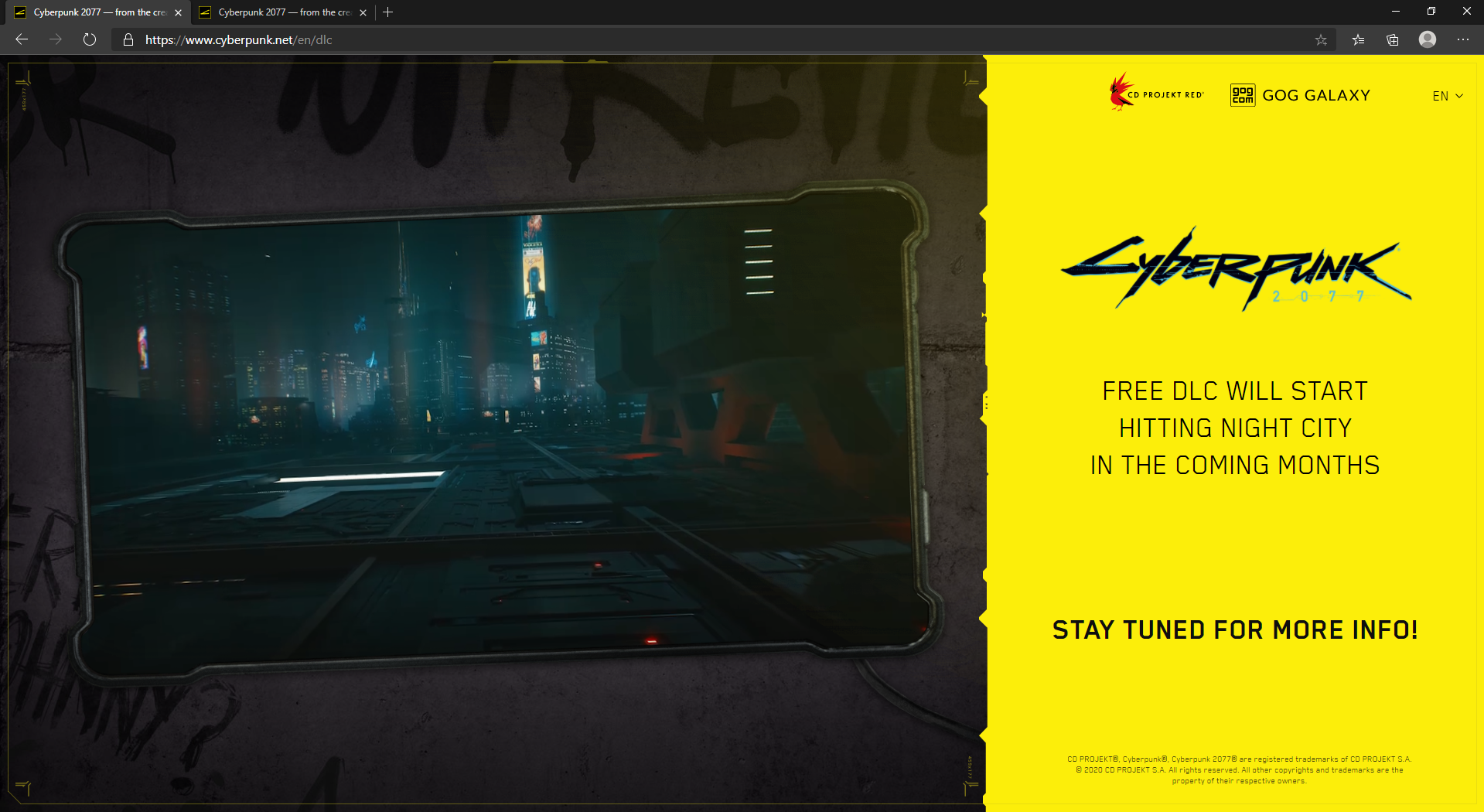 《赛博朋克2077》官网显示免费DLC由年初改为几个月后上线