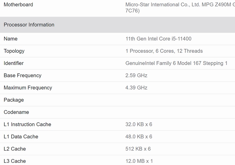 酷睿i5-11400处理器规格和测试成绩泄露 睿频4.4GHz