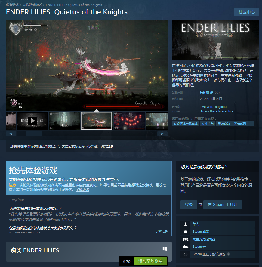 Steam《末焉之莉莉：骑士寂夜》开启EA 支持中文