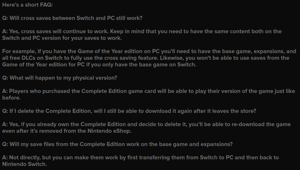CDPR宣布下架NS《巫师3完全版》 本体和两大DLC将单独发售