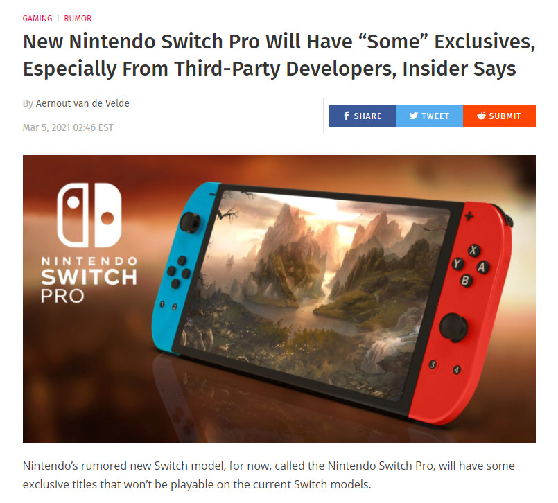 传Switch Pro将有“独占”游戏 当前机型无法游玩