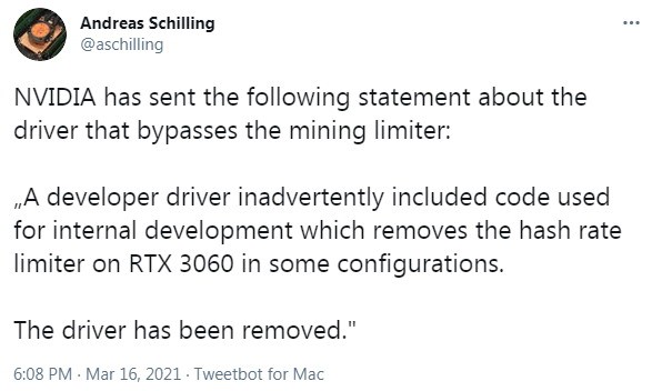 英伟达出有把稳排除RTX3060挖矿限制 已撤消驱动