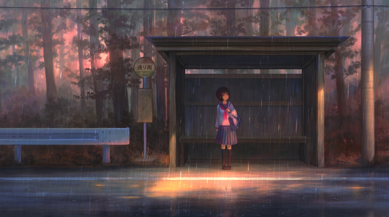 《Wallpaper Engine》雨天小车站等车的少女动态壁纸