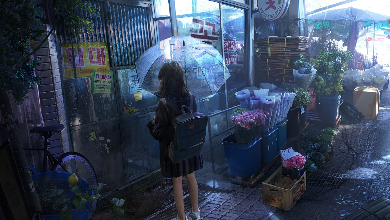《Wallpaper Engine》写实风雨中花店前的少女动态壁纸