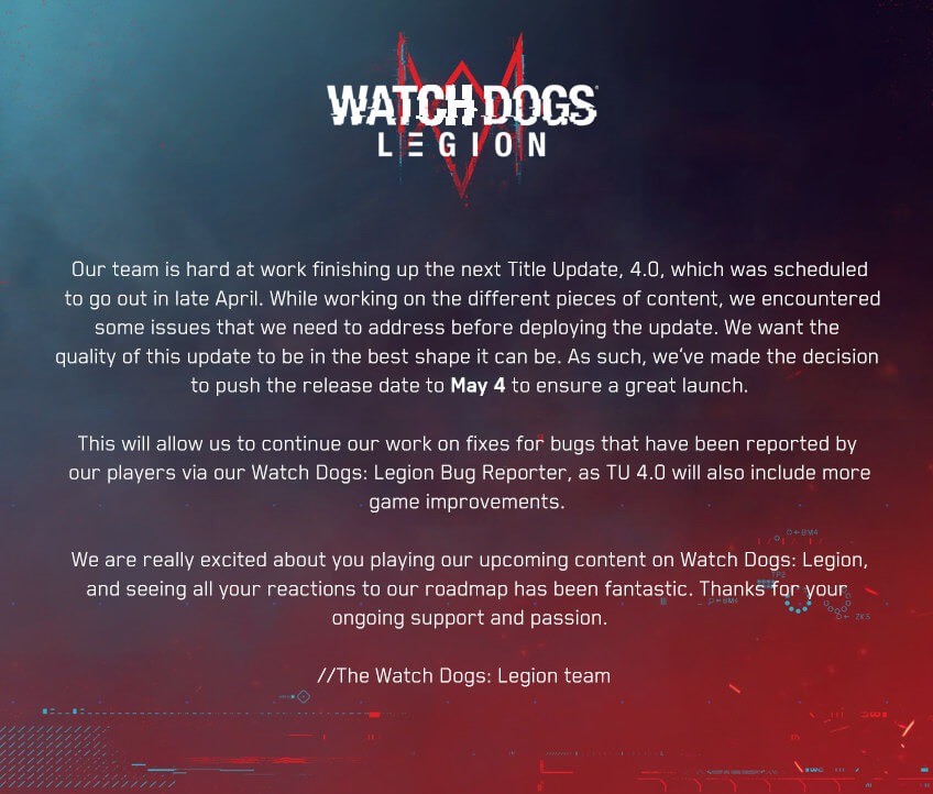 《看门狗：军团》4.0更新已推迟至5月4日