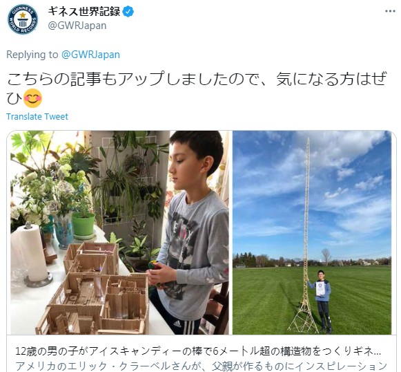 12岁美国男孩动手高玩 冰糕棍搭建6米高塔创吉尼斯纪录