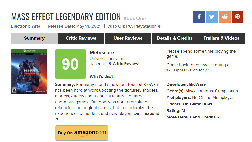 《质量效应：传奇版》现已发售 Steam褒贬不一、MTC均分90分