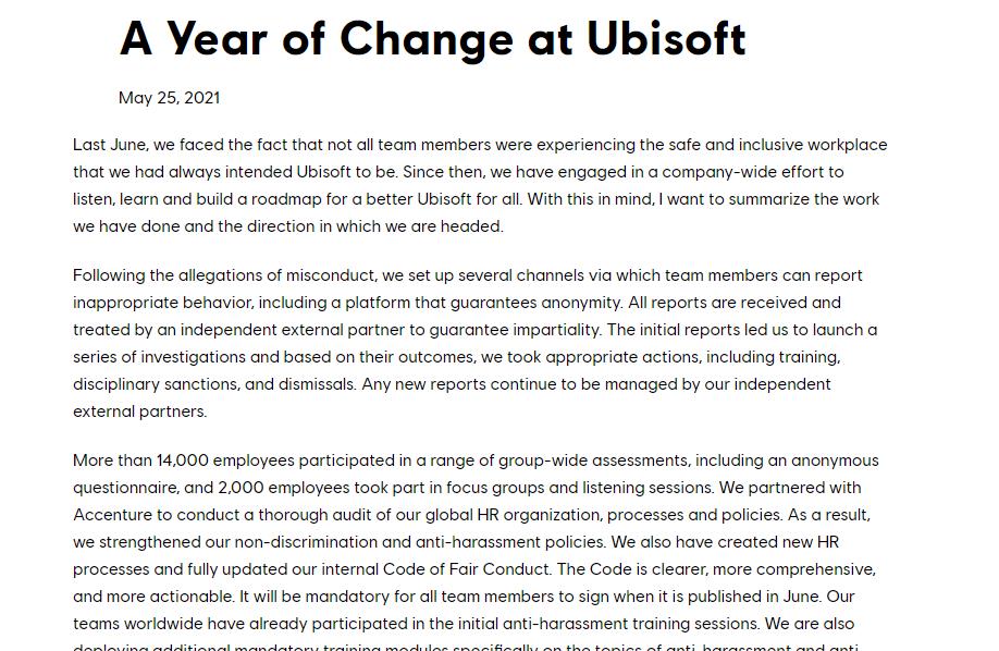 经历性骚扰指控后，育碧CEO如今发文称“已取得不小的改进”