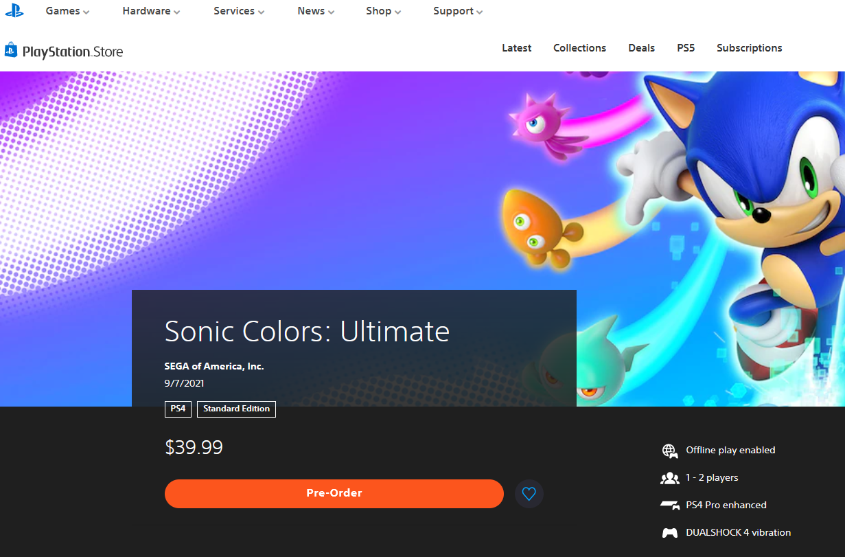 《索尼克：色彩终极版》预购现已开启 Epic售价249元
