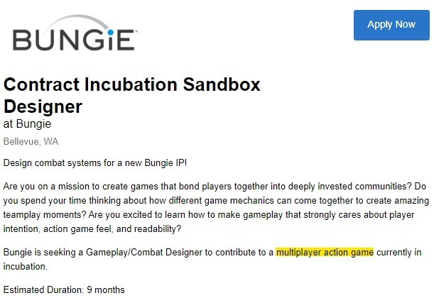 Bungie为疑似多人动作游戏新作招聘战斗设计师