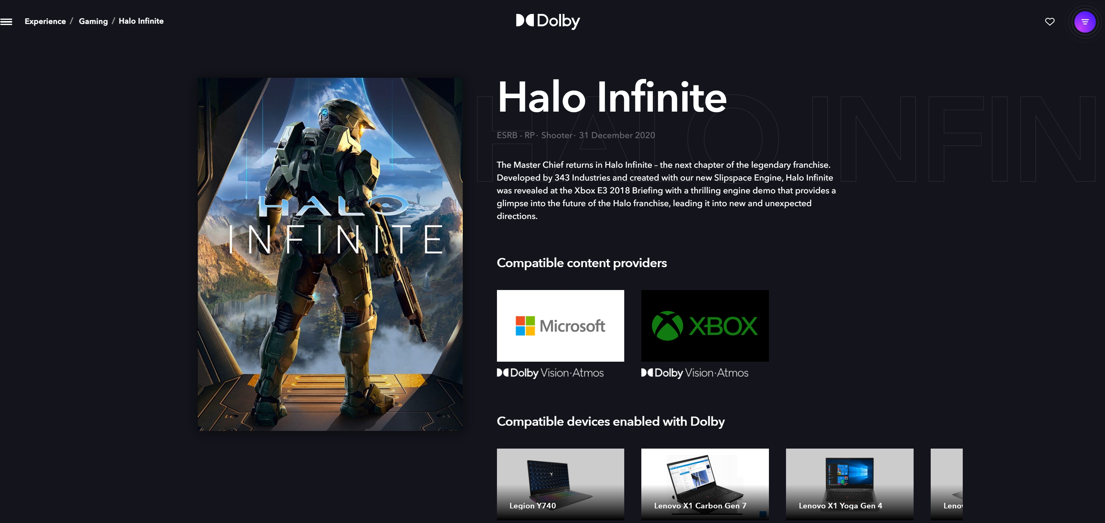 《光环：无限》PC和Xbox支持杜比视界和杜比全景声