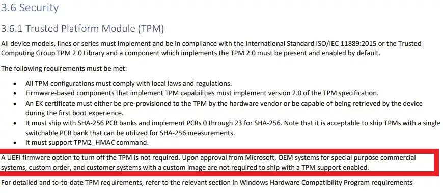 虽然微软要求TPM2.0 但OEM可推出无TPM Win11PC