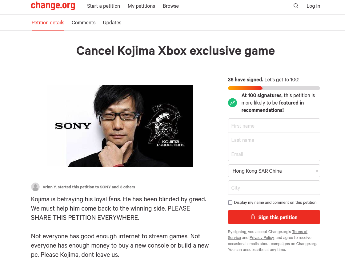 玩家发起请愿投票试图取消小岛秀夫Xbox独占游戏