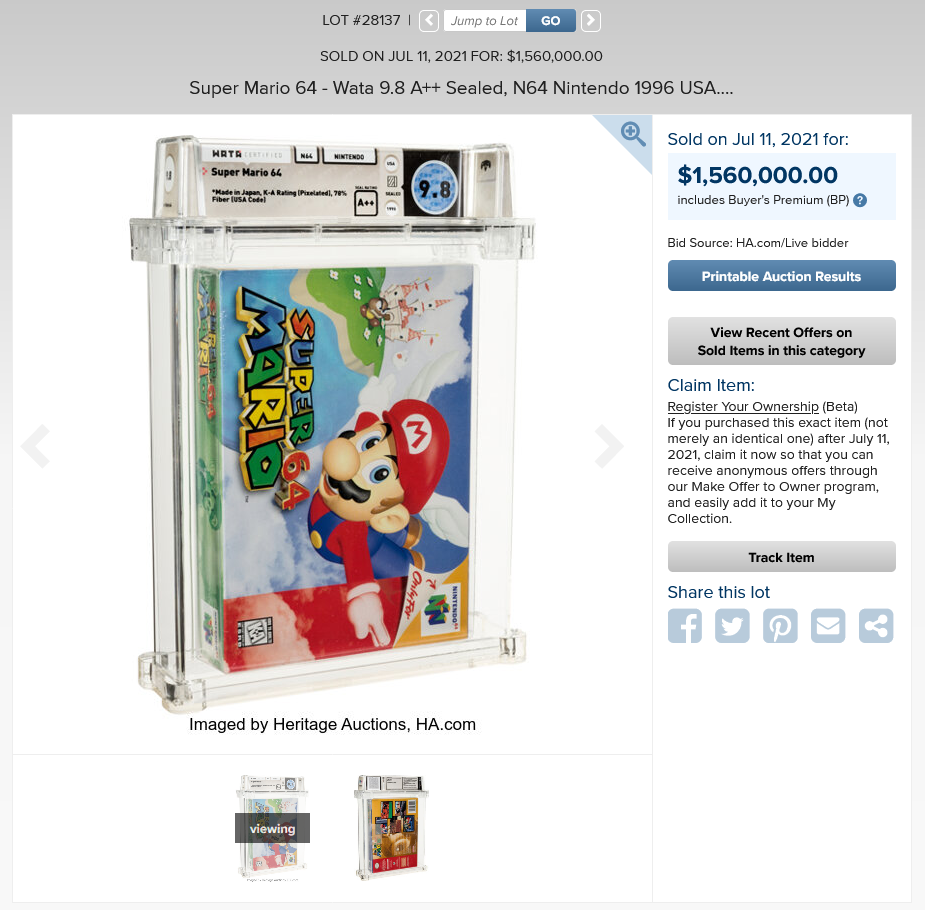 一张N64《超级马里奥64》游戏卡带被卖出1000万元