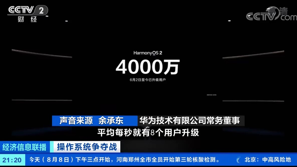 央视：华为鸿蒙用户已超5000万 每秒8人升级