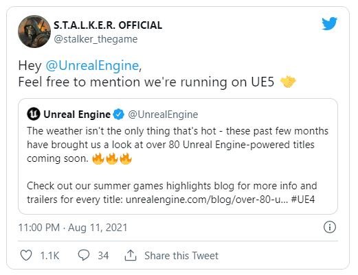 官方推特确认《潜行者2》将采用虚幻5引擎