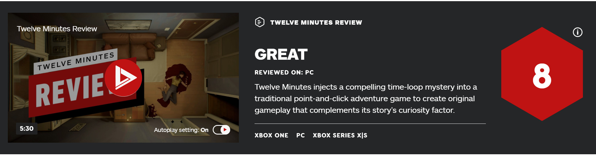 《十二分钟》媒体评价出炉：IGN 8分 GameSpot 9分
