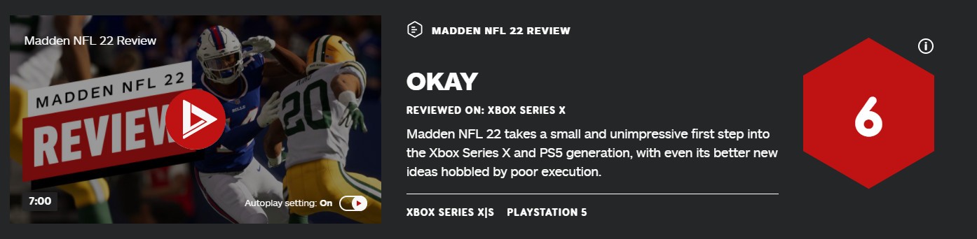 《麦登橄榄球22》Steam多半差评 IGN 6分