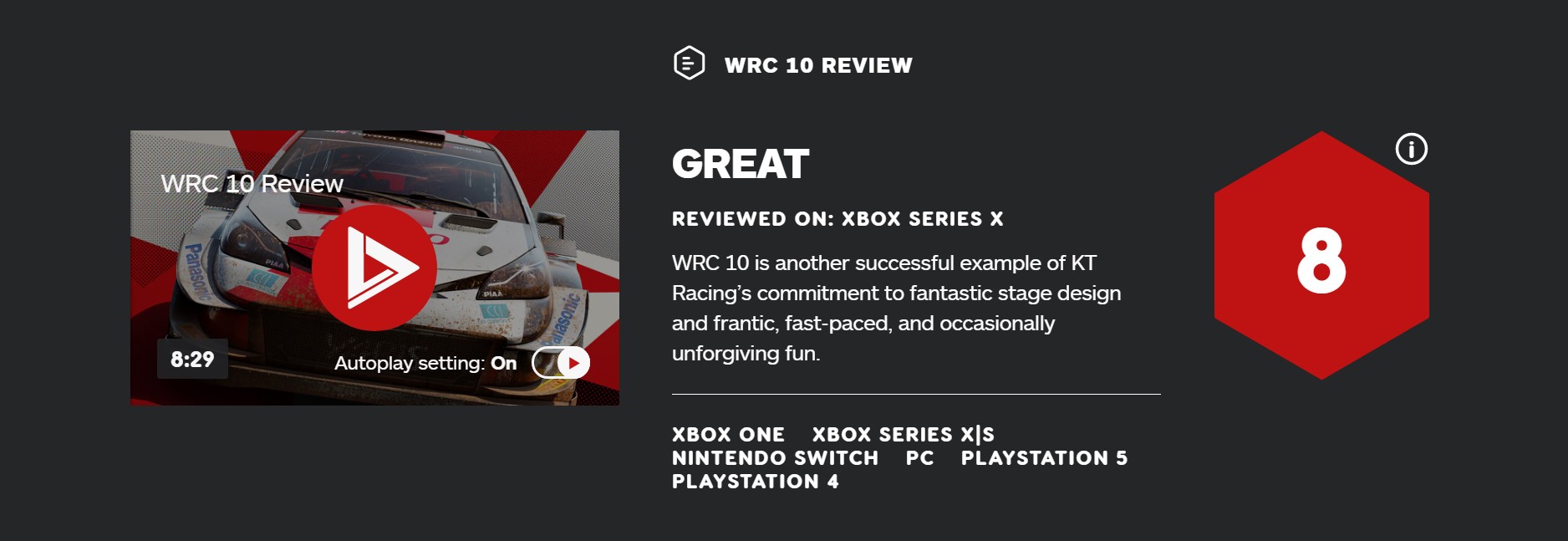 《世界汽车拉力锦标赛10》IGN 8分 节奏快 设计巧妙