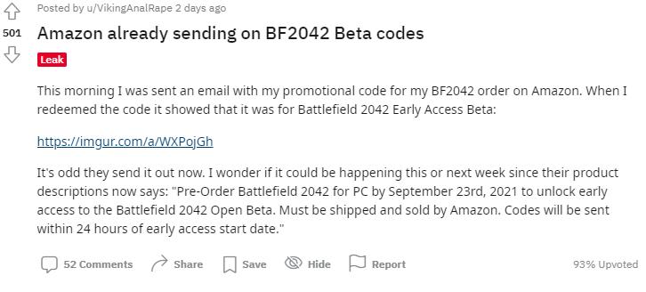传闻：亚马逊已经开始发放《战地2042》B测代码