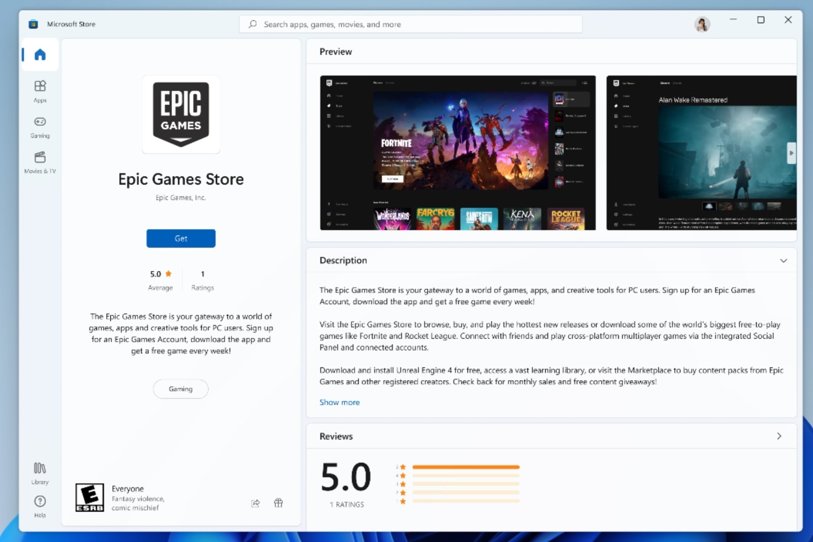 Epic游戏商城应用现在可从Microsoft Store中下载