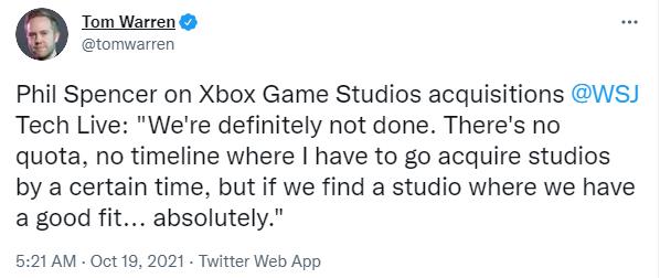 Xbox总裁菲尔斯宾塞：微软将收购更多游戏工作室