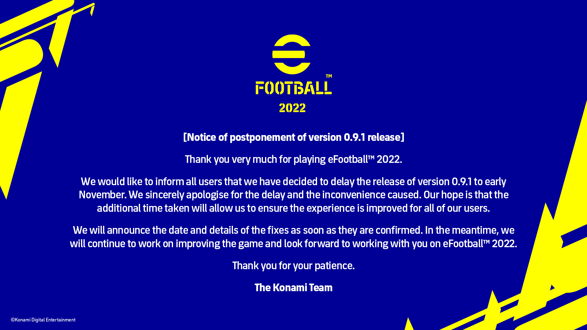 科乐好：《eFootball 2022》0.9.1补丁将推延到11月支布