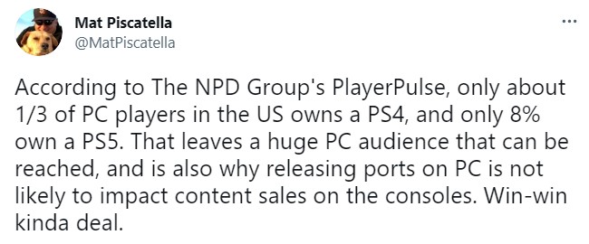 分析师：索僧游戏登PC是单赢 好国1/3的PC玩家有PS4 仅8%有PS5