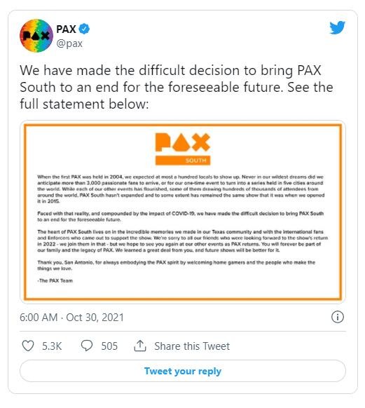 流行文化/游戏展会PAX South被无限期取消