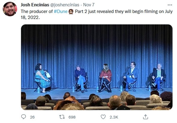 《沙丘2》去岁7月开拍 将于2023年10月上映