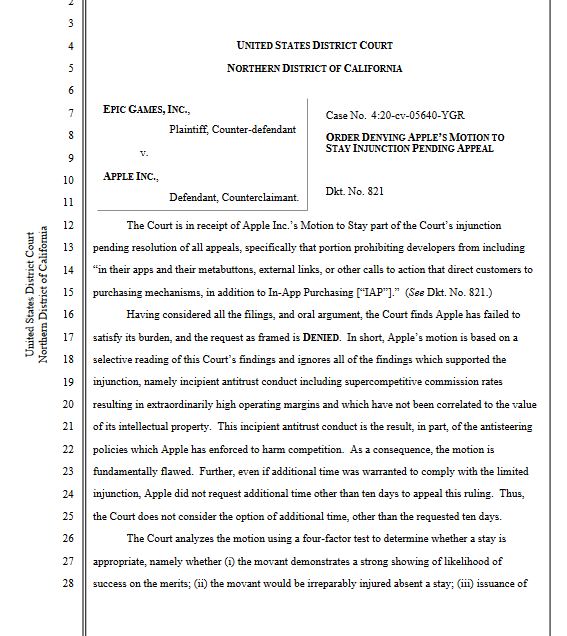 法官拒绝苹果暂缓要求 必须按时开放第三方支付