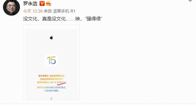 罗永浩吐槽苹果iOS 15文案：出文化 实是出文化